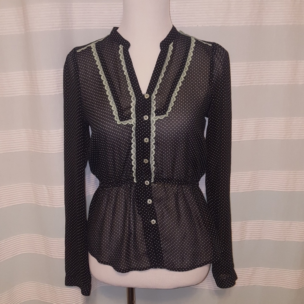 Sheer polka dot blouse with mint lace trim